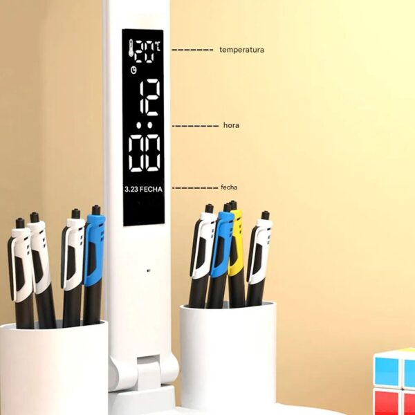 Lámpara Led Plegable Con Reloj, Temperatura Y Porta Lápices - Imagen 2
